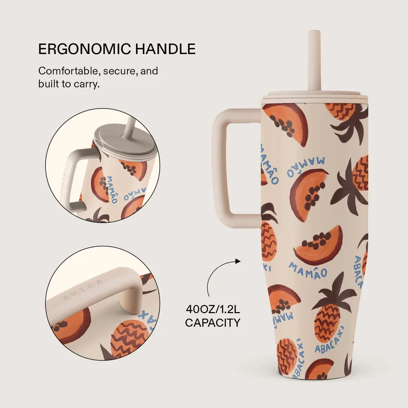 BURGA Burga 40oz (1.2L) Insulated Stainless Steel Tumbler with Handle & Leakproof Straw Lid – Double Wall Vacuum Travel Mug, Keeps Drinks Hot up to 12 Hours & Cold All Day, Cup Holder Friendly Reusable Bottle Abacaxi